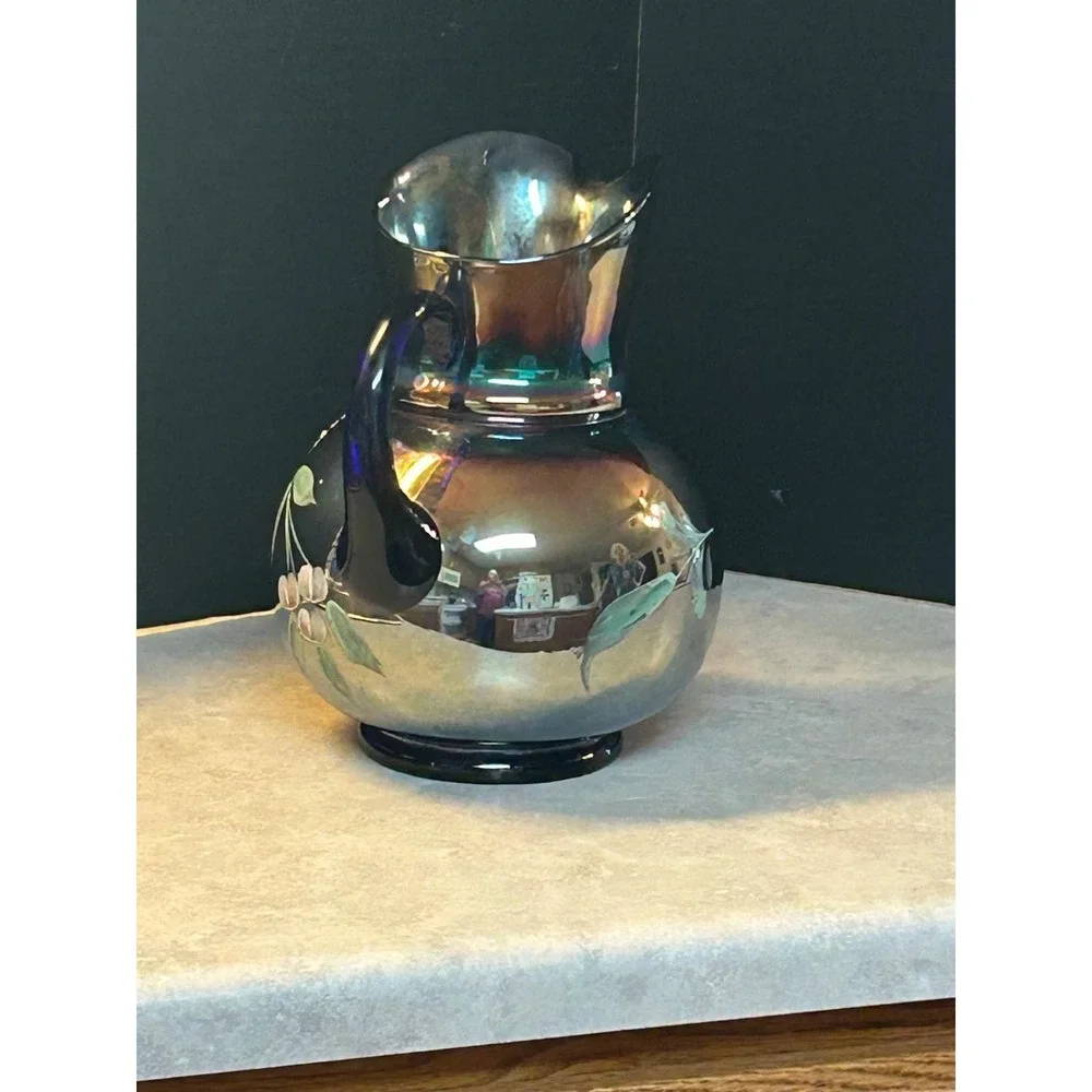 Northwood Cobalt Blue Iridescent Carnival Glass Enameled Cherries Pitcher 10